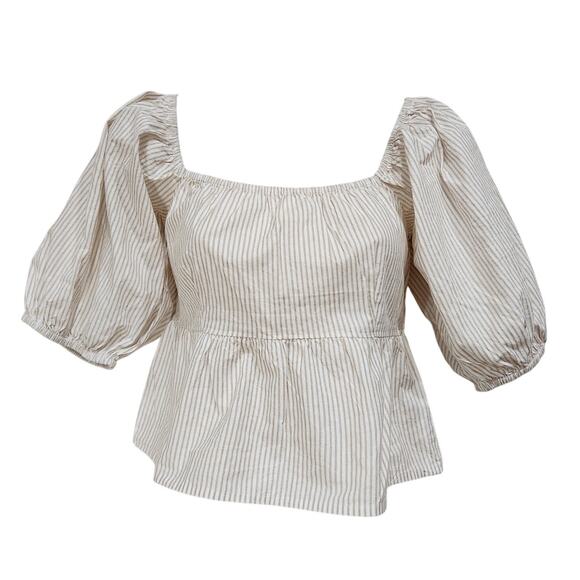 Sim & Sam Cottagecore Blouse Puff Sleeve Square Neck Striped White Tan Medium - Picture 1 of 8